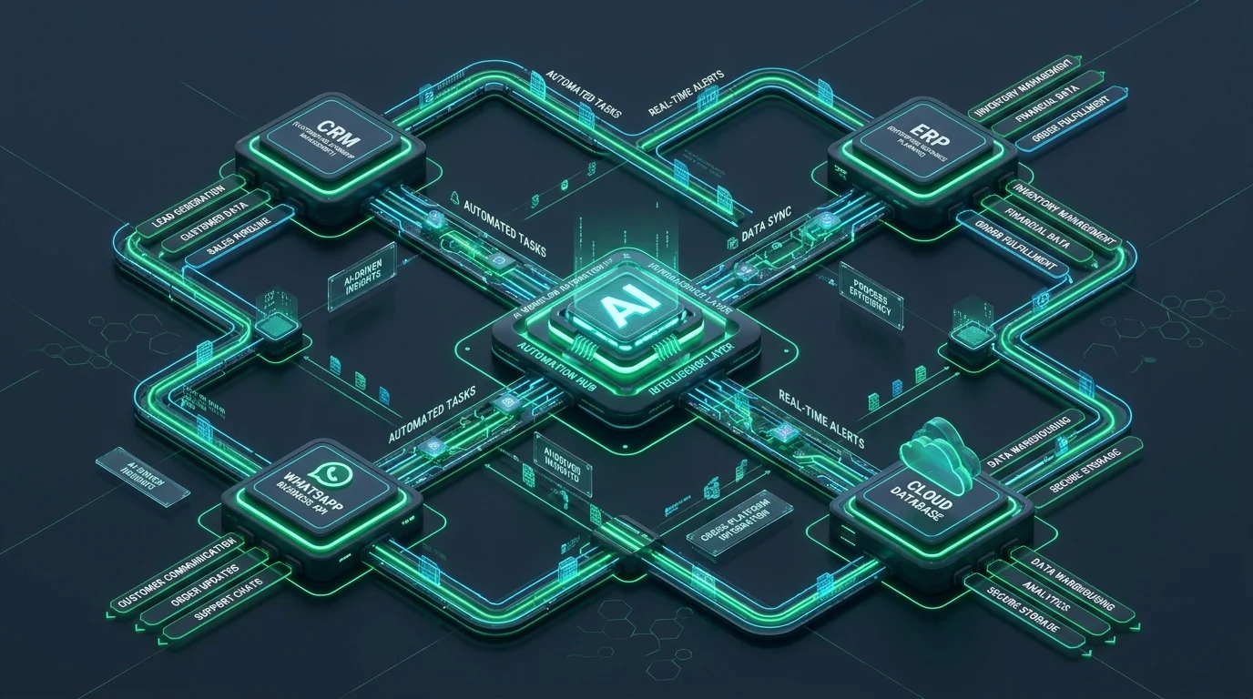 Infográfico 3D de Integração de Workflows de IA com CRM, ERP e WhatsApp